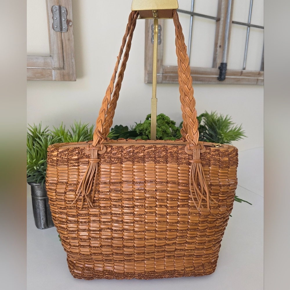 Monsac Original Y2K Era Woven Leather Tote/Braided Handle/Boho Chic/Tan Leather